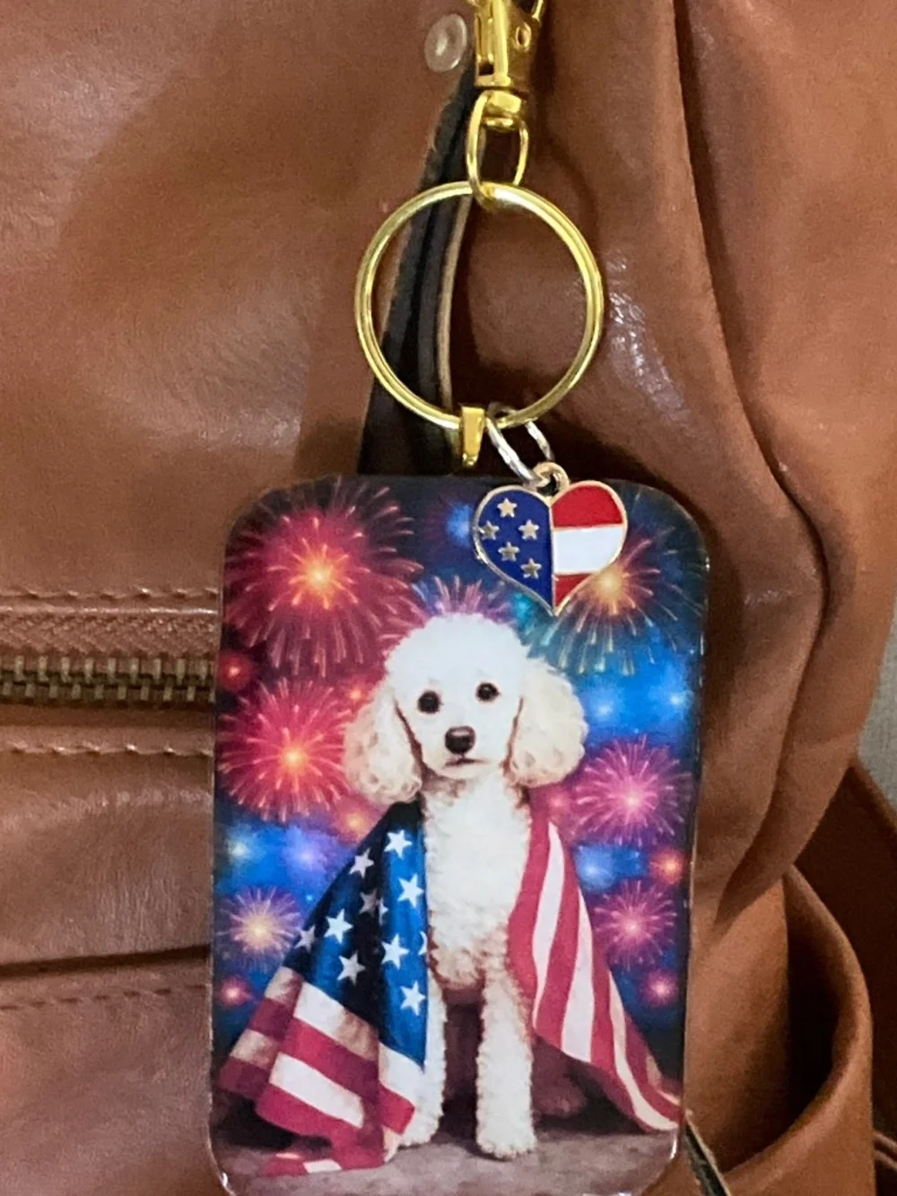 White Poodle Patriotic American Flag dog keyring / purse charm handmade by Sally